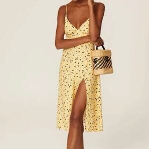 AMANDA UPRICHARD Sz L Butter Yellow Amory Sleeveless Floral Print Midi Dress